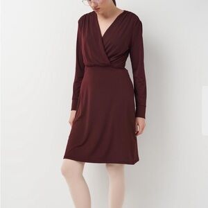 H&M Burgundy Wrap Dress M Long Sleeve V-Neck Gold Buttons | Stock Photo